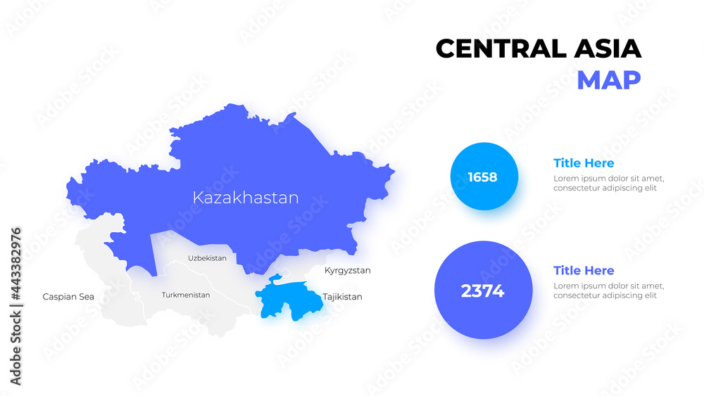 Central Asia vector map infographic template divided by countries. Slide presentation. Statistic elements