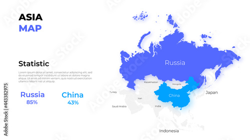 Asia vector map infographic template divided by countries. Slide presentation. Statistic elements