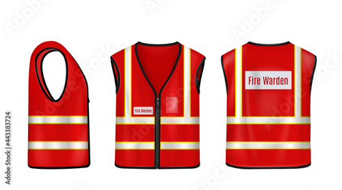 Photo Fire warden safety vest front, side and back view, red sleeveless jacket with re