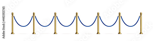 Blue rope barrier with gold stanchions. Velvet fence for entrance to cinema, club, theater and vip hall. Vector realistic illustration of 3d luxury barrier with golden posts for gallery and museum