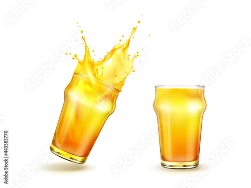 Splashing orange juice with drops in glass isolated on white background, fresh fruit beverage splash, yellow liquid in transparent mug, design elements for advertising Realistic 3d vector illustration