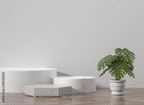 White podium for product display showcase with monstera pot decoration 3d rendering