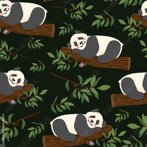 Lazy giant panda baby sleeping on tree vector seamless pattern. Asian rainforest animal resting. Wild mammal character dreaming. Jungle, wildlife, zoo nursery texture for children textile, wrapping.
