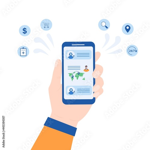Flat design vector illustration of and with a phone and travel icons. Cute chatbot offers assistance with travel arrangements. The flat design vector illustration of and with a phone and travel icons.