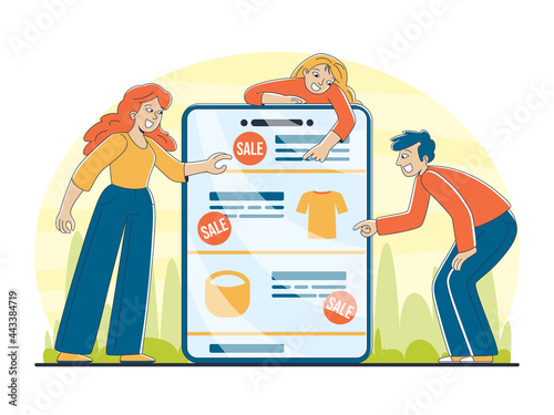 People shopping online an using technology gadget. Man and woman using smartphone or tablet. Vector illustration in modern cartoon style.  (ID: 443384719)