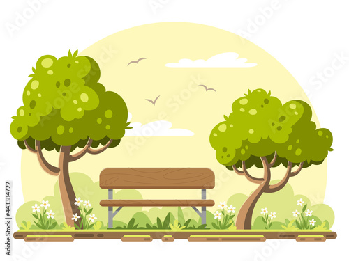 Bench with trees in the garden, summer landscape. Vector illustration in modern cartoon style.  (ID: 443384722)