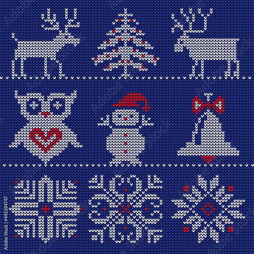 Knitted logo. Sweater sewed symbols fabric icons on clothes snowflakes on woolen cardigan recent vector xmas texturizing logotypes isolated