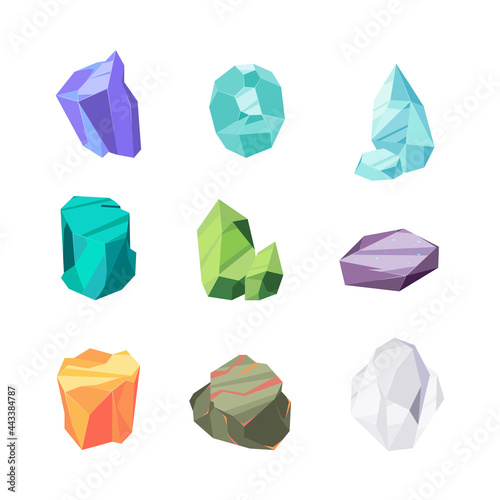 Uncut gems. Colored mineral diamond crystal silver and gold stones mining industry garish vector game illustrations in cartoon style isolated