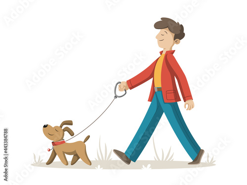 Man walks with his dog. Vector illustration in modern cartoon style.  (ID: 443384788)