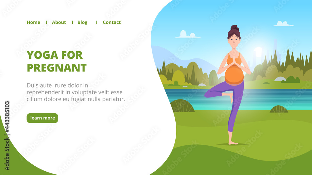 Outdoor yoga landing. Pregnant women making yoga exercises in green park fitness for healthy mother lifestyle exact vector illustration for business web page