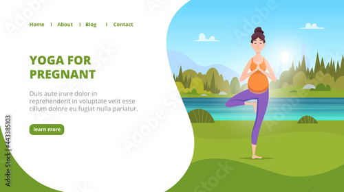 Outdoor yoga landing. Pregnant women making yoga exercises in green park fitness for healthy mother lifestyle exact vector illustration for business web page