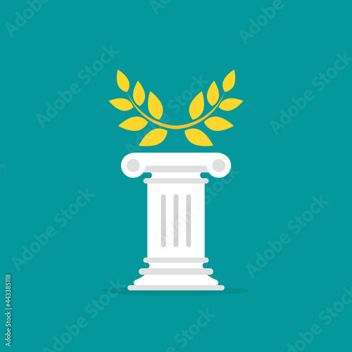 Winner pedestal with golden laurel. Podium for best product with greek or roman column.