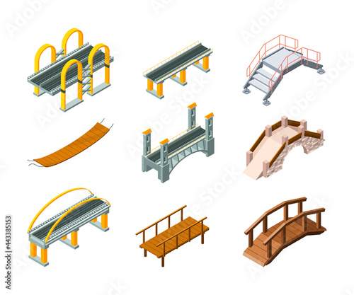 Isometric bridges. Urban architectural objects highway for automobiles and railway across water park bridges garish vector illustrations set