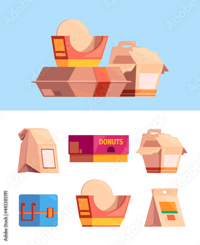 Lunch containers. Boxes for products for easy delivering cardboard and plastic packs for snacks and meals garish vector flat colored illustrations