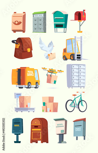 Postal office items. Mail service car letters postal box delivery packages garish vector flat illustrations