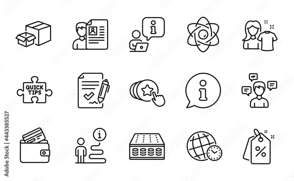 Line icons set. Included icon as Packing boxes, Time zone, Hold heart signs. Clean shirt, Mattress, Job interview symbols. Atom core, Debit card, Quick tips. Conversation messages. Vector