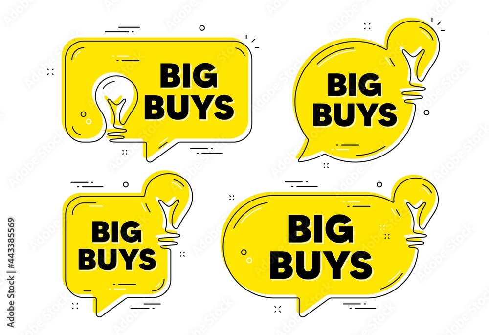 Big buys text. Idea yellow chat bubbles. Special offer price sign. Advertising discounts symbol. Big buys chat message banners. Idea lightbulb balloons. Vector Big buys text. Idea yellow chat bubbles. Special offer price sign. Advertising discounts symbol. Big buys chat message banners. Idea lightbulb balloons. Vector