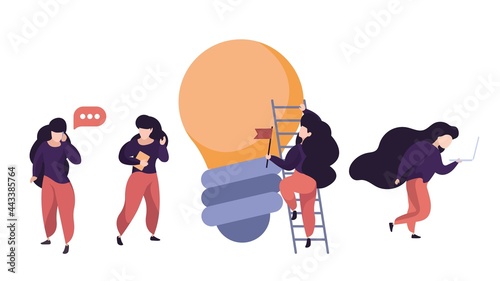 Woman finding information. Female search new ideas, talking phone and surfing internet. Girl with book and laptop vector set
