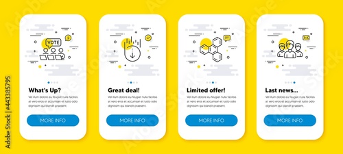 Vector set of Scroll down, Online voting and Chemical formula line icons set. UI phone app screens with line icons. Group icon. Swipe screen, Internet poll, Chemistry. Group of people. Vector