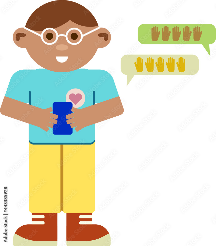 Correspondence on the phone. Chatting. Drawn characters with a photo camera. Flat design. Correspondence on the phone. Chatting. Drawn characters with a photo camera. Flat design.