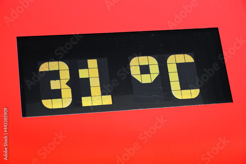 Bild auf Leinwand 31 degree celsius on digital thermometer or temperature indicator during heat wa
