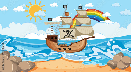 Ocean scene at day time with Pirate ship in cartoon style