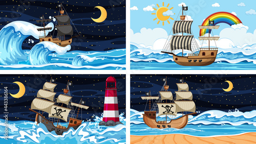 Set of different beach scenes with pirate ship