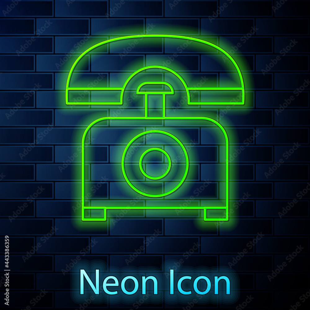 Glowing neon line Telephone icon isolated on brick wall background. Landline phone. Vector Illustration Glowing neon line Telephone icon isolated on brick wall background. Landline phone. Vector Illustration
