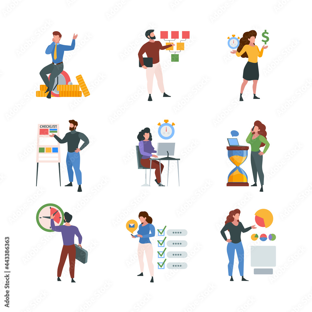 Business checklist. Office people characters with task list time management concept garish vector flat illustrations