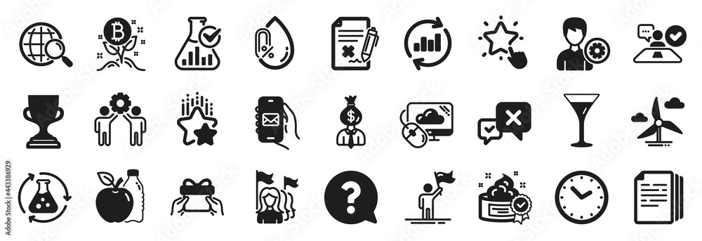 Set of Business icons, such as Ranking star, Cream, Windmill turbine icons. Bitcoin project, Time, Chemistry experiment signs. Leadership, Support, Reject file. No alcohol, Manager, Apple. Vector