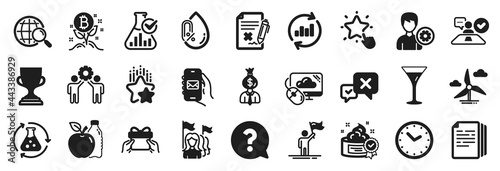 Set of Business icons, such as Ranking star, Cream, Windmill turbine icons. Bitcoin project, Time, Chemistry experiment signs. Leadership, Support, Reject file. No alcohol, Manager, Apple. Vector