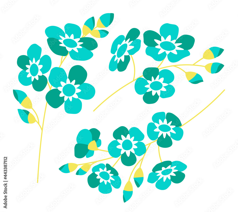 Floral set different blue flowers flat isolated illustrations