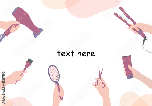 Frame, border of hairdressing tools in the hands of a stylist. Hair salon accessories, hair dryer, comb, scissors and abstraction. Vector illustration, template for design, information, business card