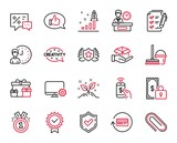 Vector Set of line icons related to Presentation time, Surprise boxes and Private payment icons. Development plan, Discounts and Feedback signs. Bucket with mop, Refund commission. Vector