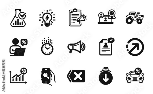 Vector set of Inspiration, Time and Scroll down icons simple set. Search app, Remove and Megaphone checklist icons. Chemistry lab, Megaphone and Car leasing signs. Vector