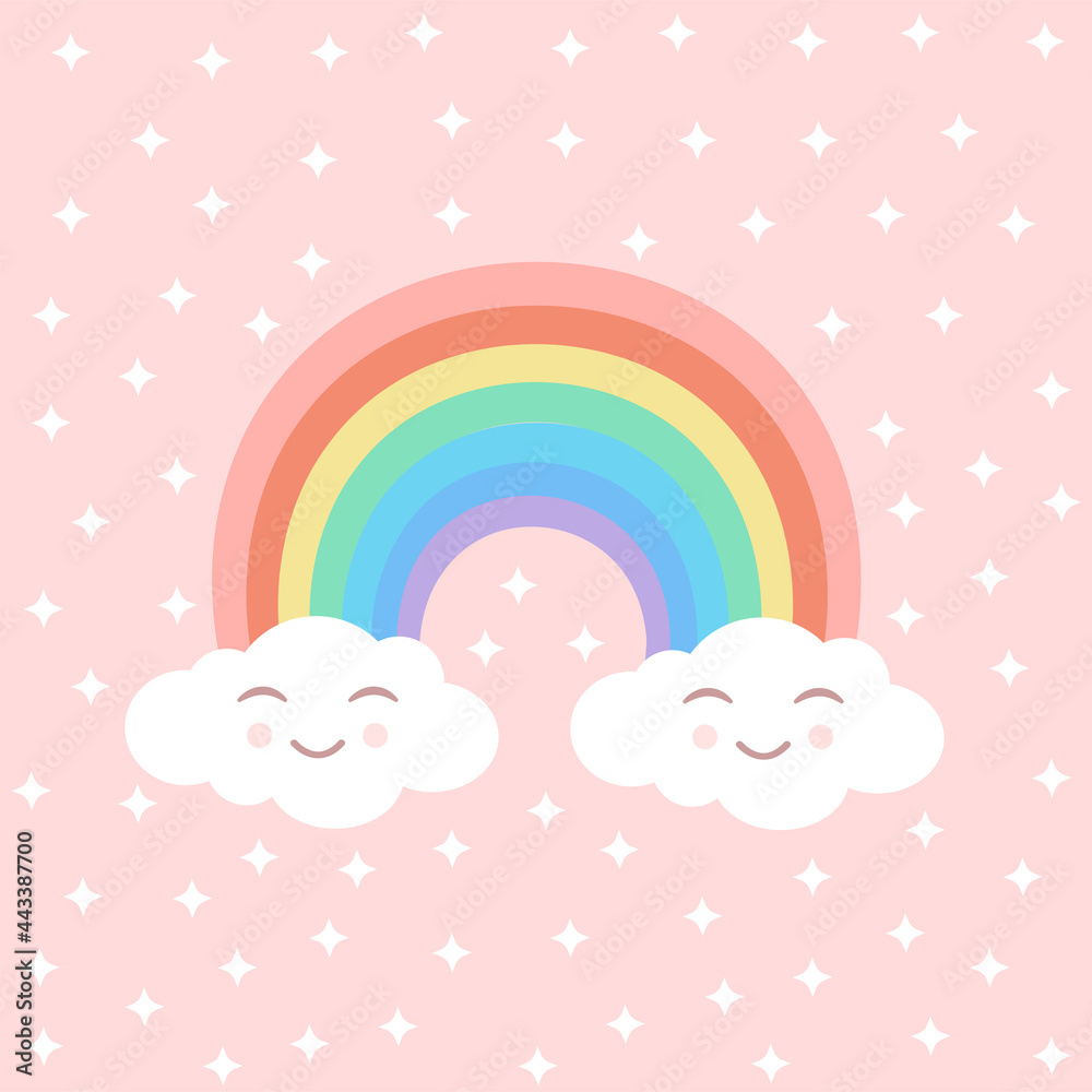 Rainbow with cute clouds and white stars on an isolated pink background. Vector illustration for fabrics, textiles, textures, wallpapers, posters. Childish fun print. Rainbow with cute clouds and white stars on an isolated pink background. Vector illustration for fabrics, textiles, textures, wallpapers, posters. Childish fun print.