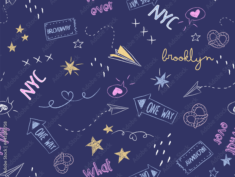 Scattering Stars, Love, Text, Line and others object element Seamless pattern isolated on navy blue background. Design for use background, textile fabric and others. Vector art illustration eps 10. Scattering Stars, Love, Text, Line and others object element Seamless pattern isolated on navy blue background. Design for use background, textile fabric and others. Vector art illustration eps 10.