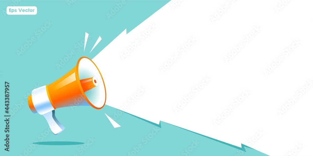 shouting megaphone vector Illustration on blue banner background, concept of join us, job vacancy and announcement in modern flat cartoon style design  - obrazy, fototapety, plakaty 