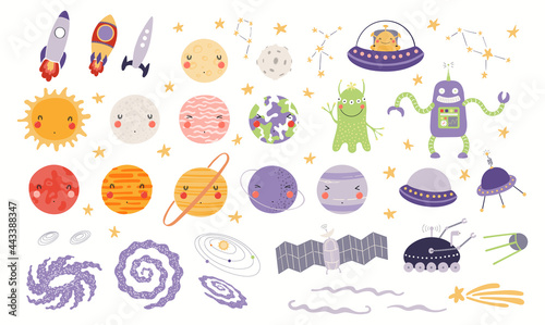 Cute space clipart set, planets, stars, spaceship, aliens, isolated on white. Hand drawn vector illustration. Scene creator, elements collection. Scandinavian style flat design. Concept for kids print