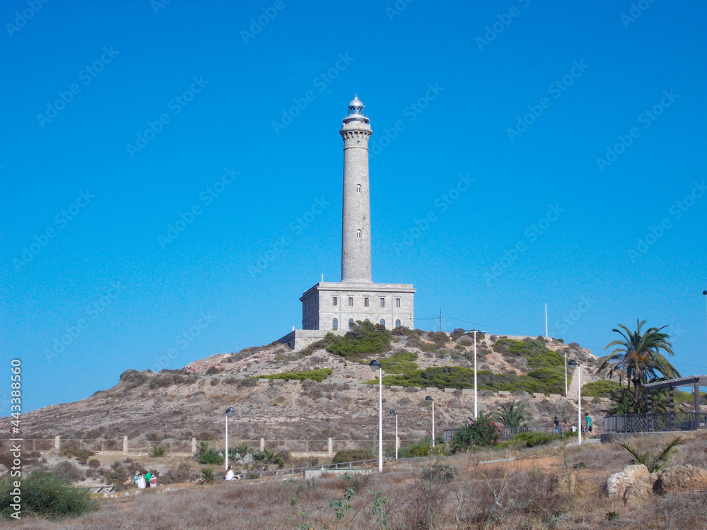 CABO DE PALOS, SPAIN - SEPTEMBER 23, 2020. Faro Cabo de Palos - Old Lighthouse in La Manga. Murcia, in Spain. Europe. Horizontal photography.