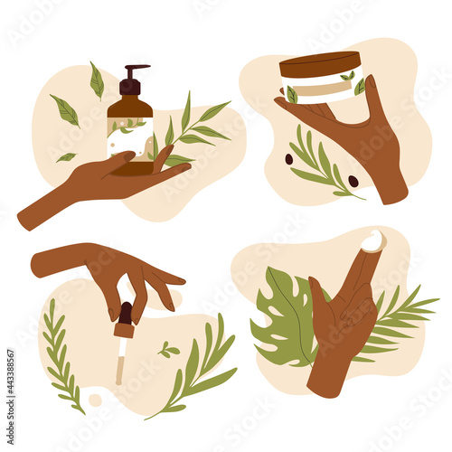 Skin care routine. Woman dark skin, natural cosmetic products. Korean cosmetics. Hands, face care supplies. Beauty procedures vector cartoon. Vegan, cruelty free, Natural organic eco herbal products