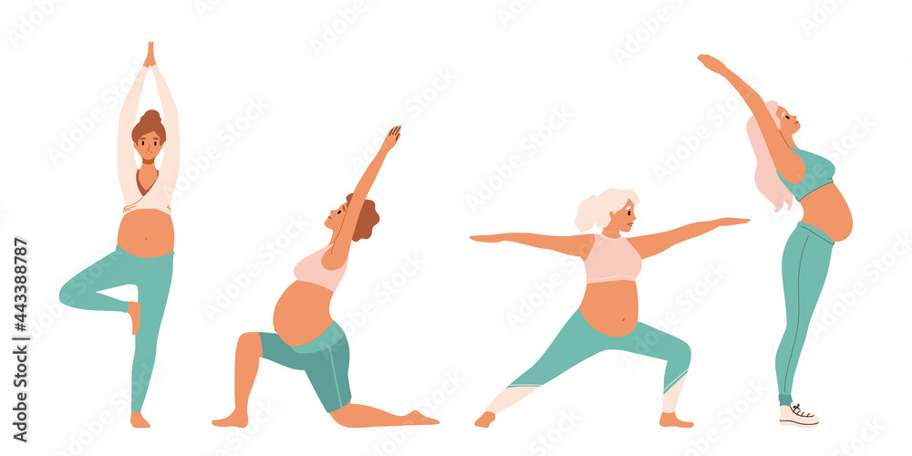 Pregnant women in sportswear doing stretching physical exercises set. Diverse women with belly practicing prenatal yoga exercise class. Pose, asana collection, stretching different poses, working out