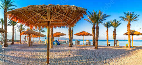 Morning on central public beach in Eilat - famous tourist resort and recreational city in Israel and Middle East
