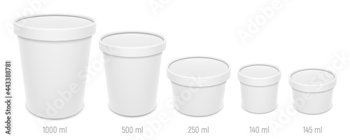 Set of vector realistic blank ice cream buckets and bowls with lids. Different sizes of paper food containers mockup.