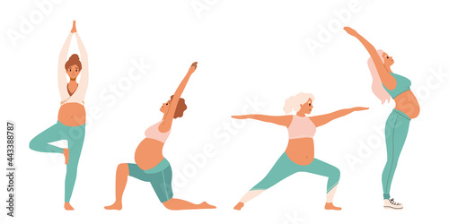 Pregnant women in sportswear doing stretching physical exercises set. Diverse women with belly practicing prenatal yoga exercise class. Pose, asana collection, stretching different poses, working out