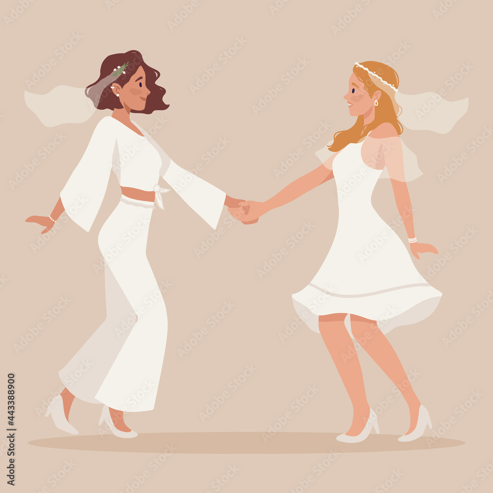 Fototapeta premium Lesbian homosexual couple wedding. Two happy women in veil, beautiful white dress. Brides holding hands on ceremony. LGBTQ same sex family, marriage. Pride, equal rights. Flat vector illustration