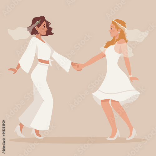 Lesbian homosexual couple wedding. Two happy women in veil, beautiful white dress. Brides holding hands on ceremony. LGBTQ same sex family, marriage. Pride, equal rights. Flat vector illustration