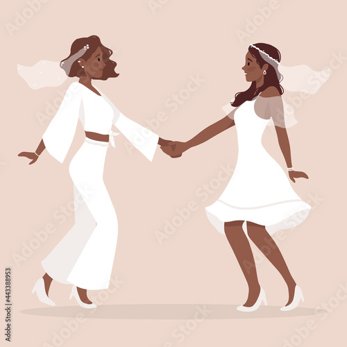 Lesbian homosexual couple wedding. Two happy women in veil, beautiful white dress. African american brides holding hands on ceremony. LGBTQ same sex family, marriage. Pride, equal rights.