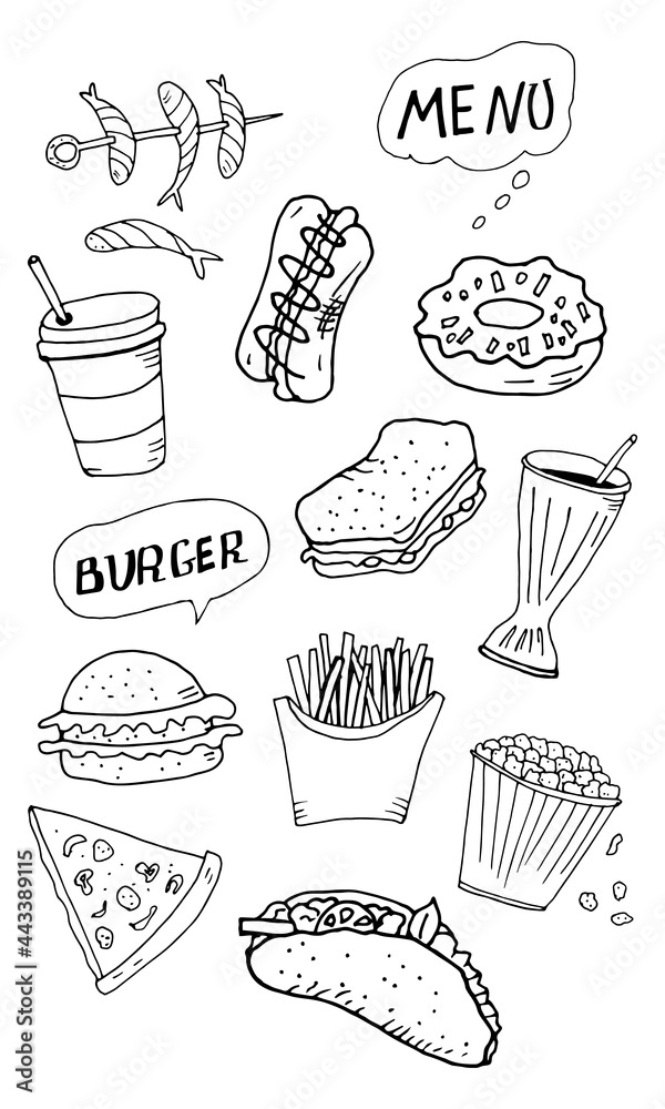 Hand drawn set with fast food. Vector illustration in the style of a sketch. Fast food restaurant and fast food menu.
