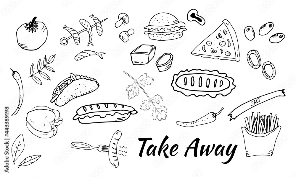 Hand drawn set with fast food. Vector illustration in the style of a sketch. Fast food restaurant and fast food menu.